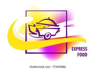 Express food. Concept  for fast delivery. Silhouette of pan with cap. Sketch image fire, steam, wheel. 
