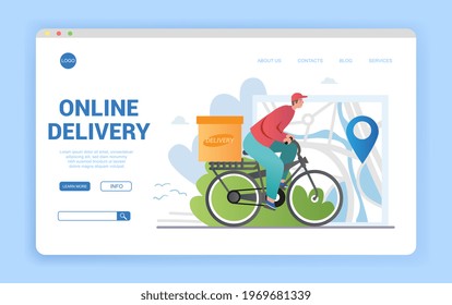 Express food delivery by bike. E-commerce concept. Online food order infographic. Flat cartoon vector illustration. Website, web page, landing page template