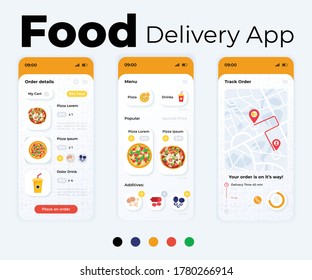 Express food delivery cartoon smartphone interface templates set Premium Vector