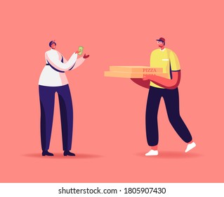 Express Food Delivery. Courier Character Deliver Pizza Box to Consumer at Home or Office. Shopping, Online Order Internet Technology, Pizzeria Cafe Shipping Service. Cartoon People Vector Illustration