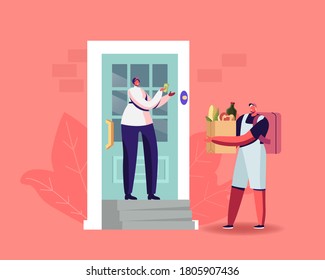 Express Food Delivery. Courier Character Deliver Bag with Grocery to Consumer at Home. Shopping, E- Commerce, Online Fast Internet Technology, Cafe Shipping Service. Cartoon People Vector Illustration