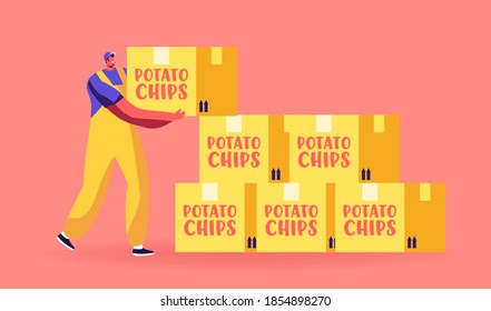 Express Food Delivery. Courier Male Character in Uniform Deliver Boxes with Potato Chips to Consumer. Shopping, Order, Freight Delivering, Cafe Shipping Service. Cartoon People Vector Illustration