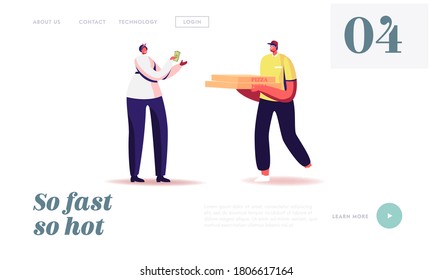Express Food Delivery Landing Page Template. Courier Character Deliver Pizza to Consumer. Shopping, Online Order Internet Technology, Pizzeria Cafe Shipping Service. Cartoon People Vector Illustration