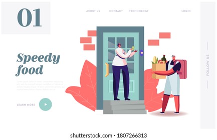 Express Food Delivery Landing Page Template. Courier Character Deliver Bag with Grocery to Consumer at Home. Online Fast Internet Technology, Cafe Shipping Service. Cartoon People Vector Illustration