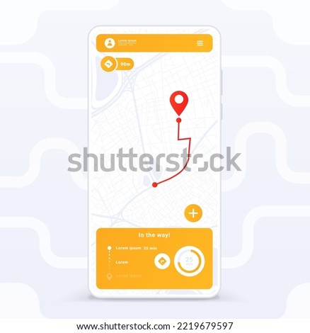 Express food delivery. Map for navigation, geolocation and route building, order tracking service. Interface for programs and applications. UI and UX design. Cartoon flat vector illustration