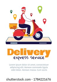 Express food delivery service poster template - courier on scooter bike coming out of smartphone screen and driving with online order package. Vector illustration.