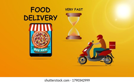 Express food delivery smartphone. Fast delivery. E-commerce concept. Scooter, hourglass. Stock vector illustration on white isolated background.