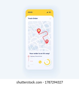 Express Food Delivery Smartphone Interface Vector Template. Mobile App Page Dark Theme Design Layout. Customer Order Status Tracking Screen. Flat UI For Application. Map On Phone Display