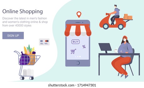 Express Food Delivery.Online Shopping.Food and Boxes Transportation and Online Order on Internet.Deliver on Bike.Shopping Cart.Stay Home on Quarantine During Coronavirus.Flat Vector Illustration