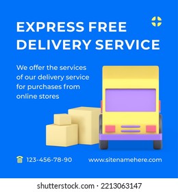 Express gratis servicio de entrega de paquetería caja de cartón camioneta transporte web post realista 3d ilustración vectorial de icono. Publicidad de distribución logística de almacén de mensajería de envío rápido