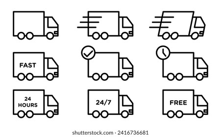 express free parcel delivery moving truck vector icon set. fast order dispatch and quick distribution truck sign. cargo goods shipping truck symbol. package shipment van sign.
