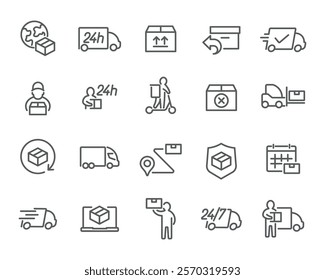 Express Global Delivery Icons. A vector set featuring 24:7 shipping, worldwide package tracking, secure delivery, and return management. Perfect for logistics and ecommerce.