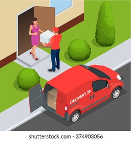 Express home delivery. Courier gives the woman a box. Shopping online. Free shipping, 24 hour delivery. Flat 3d vector isometric illustration