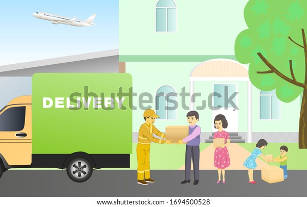 Express home delivery. Family receive boxes\
from courier. Shopping online. Free shipping, 24 hour delivery.\
Vector illustration