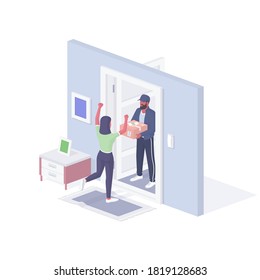 Express home delivery isometric vector illustration. Female character happily greets ordered package. Male courier stands in open door with cardboard box. Services high quality delivery goods.