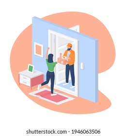 Express home delivery isometric vector illustration. Female character happily greets ordered package. Male courier stands in open door with cardboard box. Services high quality delivery goods.