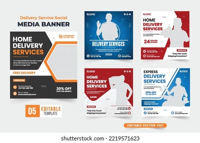 Express home delivery service social media post bundle with blue and red colors. Home delivery service web banner collection for business promotion. Set of supermarket free delivery offer template.