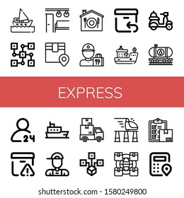 express icon set. Collection of Ship, Distributed, Electric train, Logistics, Home delivery, Delivery guy, Return, Delivery, Oil train, hours Important icons