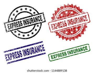 EXPRESS INSURANCE seal prints with damaged texture. Black, green,red,blue vector rubber prints of EXPRESS INSURANCE text with dust texture. Rubber seals with circle, rectangle, medal shapes.