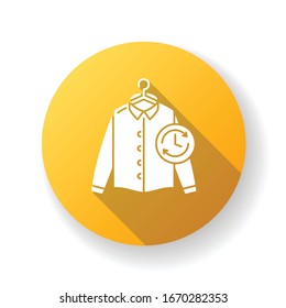 Express laundry yellow flat design long shadow glyph icon. Clothes quick washing, dry cleaning and delivery service. Fast launderette, professional garment cleaning. Silhouette RGB color illustration