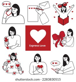 Colección de amor exprés. Líneas simples como mostrar tu juego de amor. Ilustración vectorial aislada en fondo blanco. 