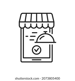 Express Lunch Delivery, Online Orders Mobile Application In Smartphone Isolated Outline Line Art Icon. Vector Fast Online Food Shipping Services, Takeaway Takeout Meal, Cafe Restaurant Order Accepted