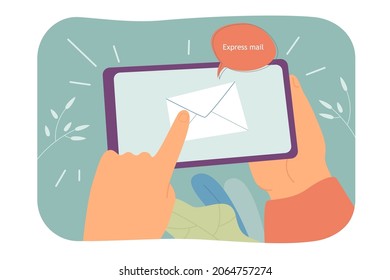 Notificación de correo urgente en la pantalla del smartphone. Ilustración de vector plano de recordatorio de mensaje. Comunicación por correo electrónico, concepto de entrega rápida de cartas para banner, diseño de sitios web o página web de aterrizaje