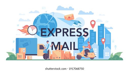 Express mail typographic header. Postman profession. Post office staff providing mail service, accepting of letter and package. Delivery and parcel sorting. Isolated flat vector illustration
