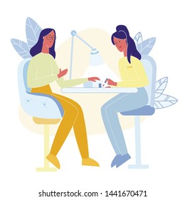 Express Manicure Service Flat Vector Illustration. Professional Beautician and Female Client Sitting in Chairs Cartoon Characters. Manicurist Occupation. Beauty Shop, Fashion Salon at Home