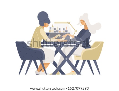 Express manicure service flat vector illustrations. Female manicurist, nail artist and beauty salon customer cartoon characters. Fingernail treatment procedure isolated on white background