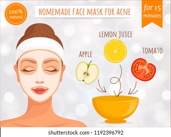 Express means for acne. Effective and easy to prepare facial mask for acne. Homemade natural cosmetics. Vector. Skin care at home.