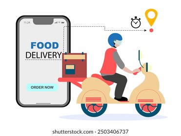 Express delivery, Delivery man driving a motorbike. Order from your phone. Service, order, fast, free and worldwide shipping. Food delivery vector