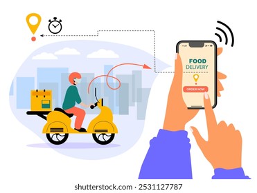 Express delivery, Delivery man driving a motorbike. Order from your phone. Service, order, fast, free and worldwide shipping. Food delivery vector