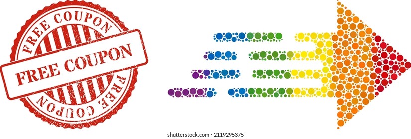 Express movement arrow collage icon of spheric blots in different sizes and rainbow colored color tints. Red round distress watermark with Free Coupon message.