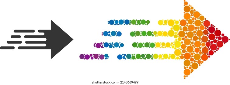 Express movement arrow mosaic icon of circle spots in different sizes and rainbow colored color hues. A dotted LGBT-colored express movement arrow for lesbians, gays, bisexuals, and transgenders.