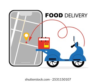 Express delivery, Delivery by motorbike. Navigation App on phone.Order from your phone. Service, order, fast, free and worldwide shipping. Food delivery vector