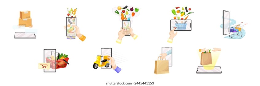Express Order Delivery Online Shopping with Smartphone and Food Vector Set