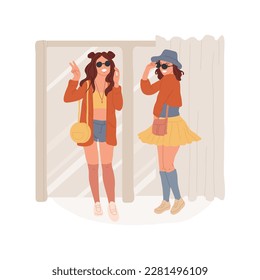 Express personality isolated cartoon vector illustration. Smiling girls trying on bright clothes, teenage wearing creative look, shopping with fun, stylish casual outfit vector cartoon.