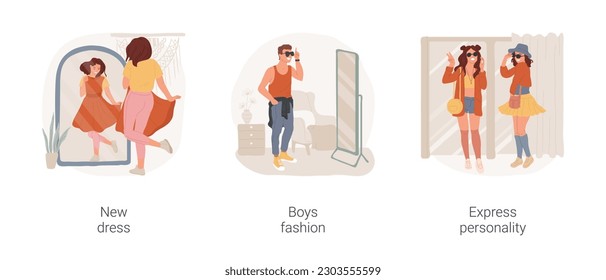 Express personality through fashion isolated cartoon vector illustration set. Girl trying on new dress in front of mirror, teenage boy hipster look, happy teens in bright clothes vector cartoon.