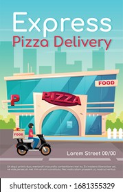 Express pizza delivery poster flat vector template. Pizzeria, restaurant. Fast food order. Catering service. Brochure, booklet one page concept design with cartoon characters. Cafeteria flyer, leaflet