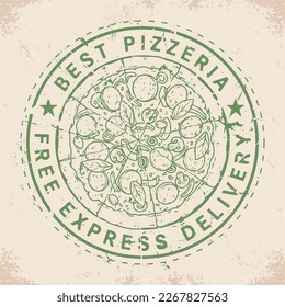 Express pizza emblem vintage monochrome with round pie with mushrooms and pepperoni on thin dough from Italian restaurant vector illustration