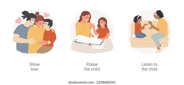 Express positive emotions isolated cartoon vector illustration set. Show love to family members, hugging and kissing, praise the child, high five, listen to your kid, share emotion vector cartoon.