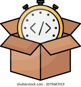 Concepto de tiempo de entrega de productos Express, cartón abierto con diseño de iconos de color del vector Stop watch, símbolo de desarrollo de software y web, ilustración de material de programación informática y codificación