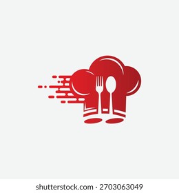 Logotipo rojo expreso del sombrero del chef con el tenedor y la cuchara, concepto rápido del servicio de la comida