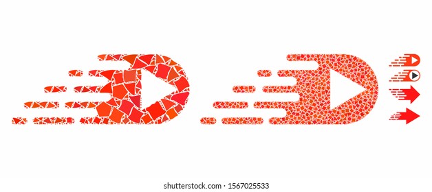 Express right direction composition of trembly parts in variable sizes and color tinges, based on express right direction icon. Vector uneven parts are composed into collage.