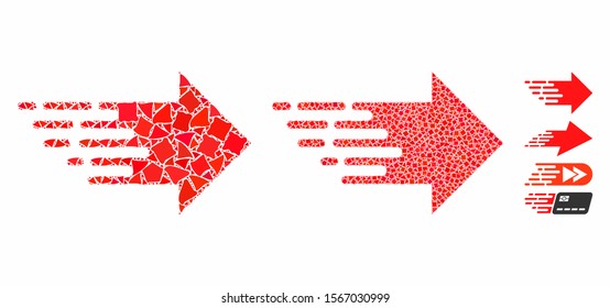 Express right movement composition of irregular items in variable sizes and color tints, based on express right movement icon. Vector irregular items are organized into mosaic.