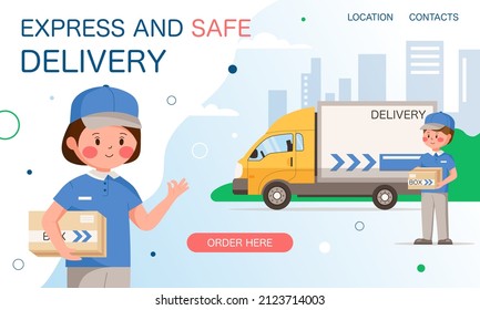 Express and safe service package courier delivery concept for application or web page. Vector editable background illustration with cute young courier girl in blue and delivery van.
