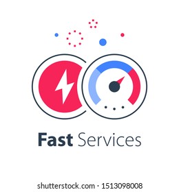 Express services, fast solution, business acceleration, maximum level on speedometer, efficiency concept, vector flat icon