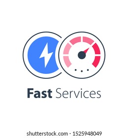 Express services, fast solution, business acceleration, maximum level on speedometer, efficiency concept, vector flat icon