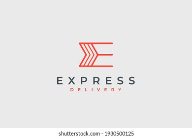 Express Shipping Delivery Logo. Red Geometric Striped Lines Arrow Style E Letter isolated on White Background. Usable for Business and Branding Logos. Flat Vector Logo Design Template Element.